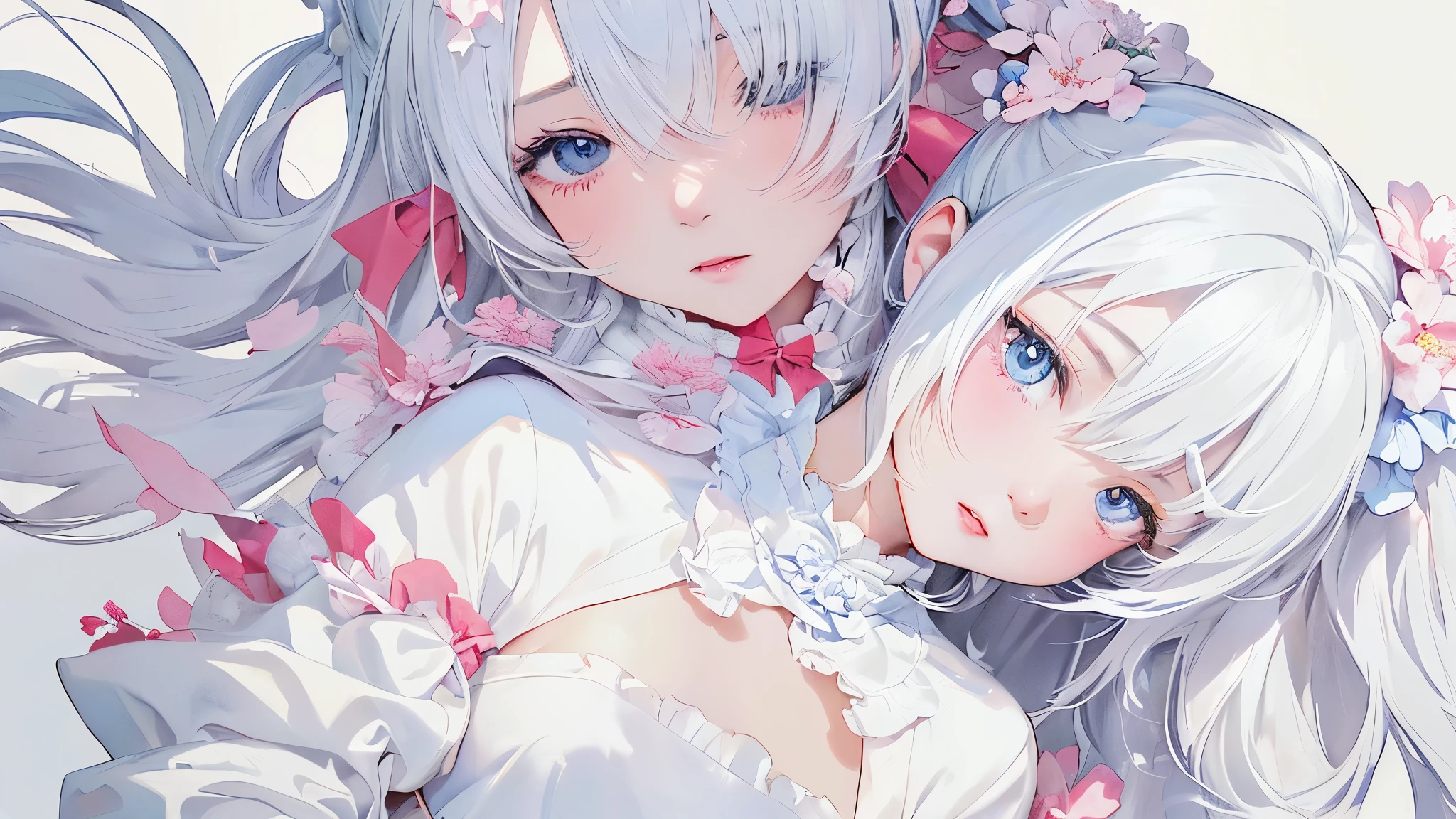 whole body,Two cute girls,Milky white liquid sticks to the body,Double ,Looking directly at another person,Two people holding each other with their hands,2 girls on the beach,high resolution、Super detailed artwork,She's wearing a ridiculous outfit with ridiculous details,Consists of a pink dress made of transparent lace,The skirt fell down to her feet,A river of milky liquid formed,white lace, high resolution, Super detailed, most detailed,nude,barefoot,胸腔有乳白色液体流出high resolution, Super detailed, most detailed,barefoot,nude,Lying in bed,Milky white liquid was ejaculated by pressing the breasts,Milky white fluid flowing out of the chest