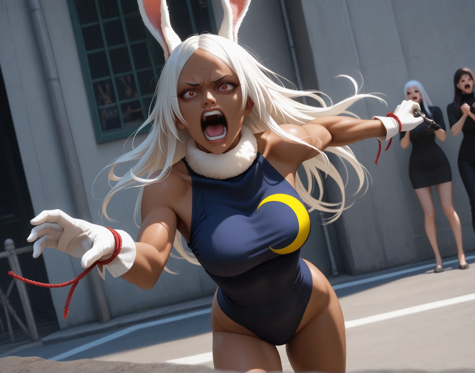 [Miruko; Boku no hiro academia], ((solo portrait)), ((behind view)), ((High definition)), ((anime)), ((Kohei Horikoshi)), ((raytracing)), ((detailed shading)), {Miruko; (tanned skin, maroon eyes, long white hair, long white bunny ears, small fluffy white bunny tail, large boobs, sexy ass), (white leotard; yellow crescent moon on chest, purple lining, grey plating, hero costume, white gloves), (purple thigh highs), (grey metal prosthetic feet), (seductive gaze; long eye lashes, half-closed, eyes, puckered lips), (athletic body; defined abs, defined leg muscles, defined arm muscles)}, ((leaping; on top of skyscraper, looking ahead, behind view), (arms in air)), [Background; (outside daytime; city; skyscrapers)]