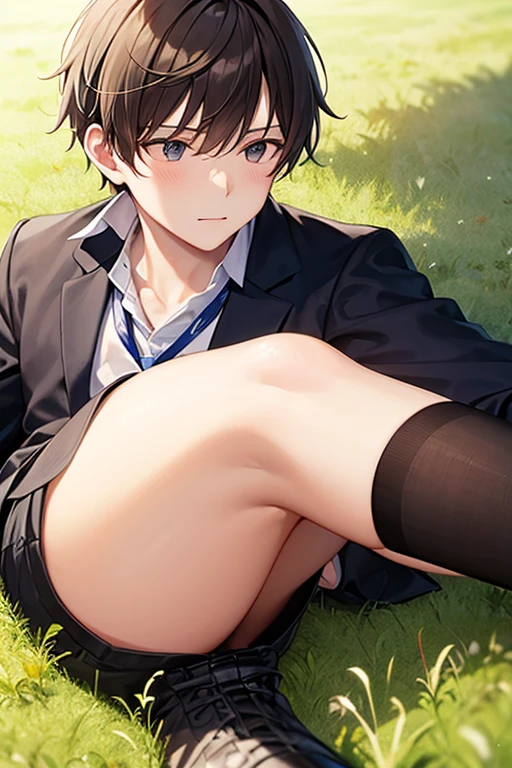 masterpiece, best quality, high quality, 1boy, solo, 14-year-old boy,evil boy,male focus, looking at viewer , black hair, old-school swoop haircut,blue jacket ,black shorts,blue eyes, sitting on a bench