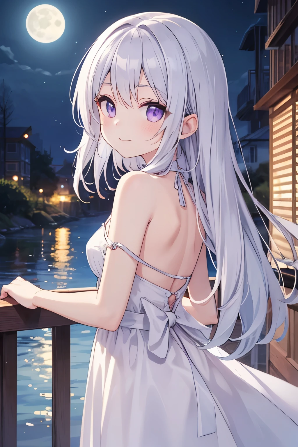 ((Highest quality)), ((masterpiece)), (detailed), evening、A beautiful girl with purple eyes and white hair tied in a ponytail、Having a pleasant conversation with friends。The soft light of the setting sun shines in all around.、A heartwarming scene filled with smiles。