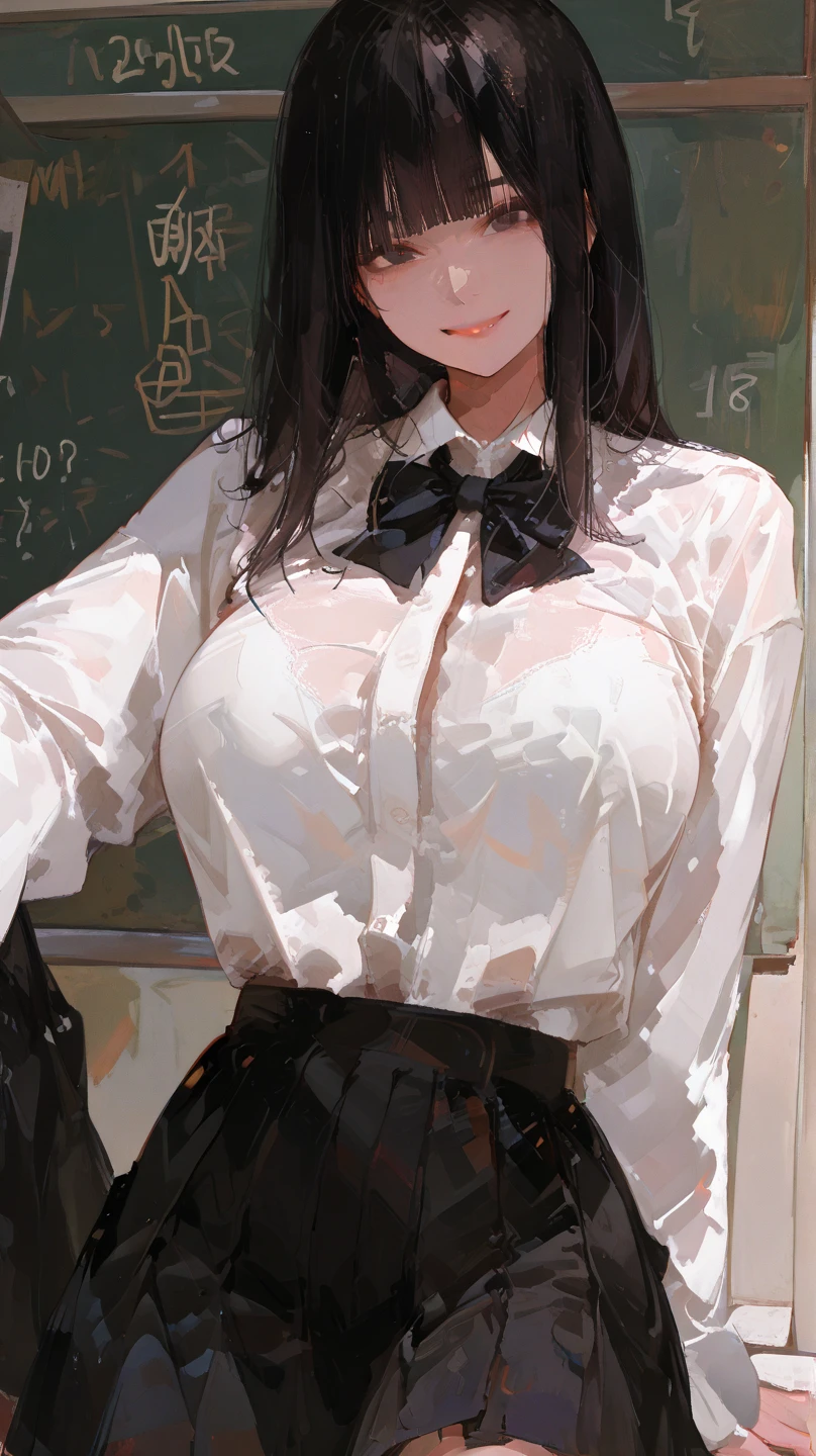 ((masterpiece)), ((best quality)), (dynamic angle), (ultra-detailed),((extremely detailed)), 4K, (8K),  

1girl, ((beautiful blue eyes)), beautiful black twintail hair, glasses,

high school uniform, open-button shirt, pleated skirt, stockings, pumps shoes, ((White panties, cameltoe)),

in the classroom, lift up one's skirt,

buttocks, large breast, sweaty, wet body, navel out, thighs out, slim, slender,  ribon, ashamed, blush, translucent body, Transparent, shiny-glistening, gleaming,
