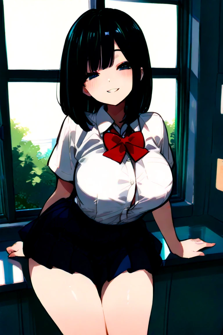 1 girl, , Dynamic posing, dynamic angle, Arrange pose,Top quality work,Show Legs,(short black hair),(blue eyes), Rose cheeks, Pretty Face, A perfectly proportioned face, school white shirt with red bow and black skirt, (school uniform), (school white shirt), white stockings,school, in classroom, Bandaids on Nipples
