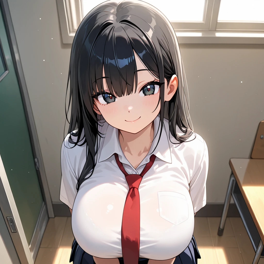 (masterpiece), (best quality), (ultra-detailed), (extremely detailed cg), (a extremely delicate), (perfect lighting), (8k), (dynamic angle), (sharp image), vibrant colors, female, masterpiece, best quality, depth of field, cinematic lighting, masterpiece, best quality, ultra-detailed, colorful, vibrant, large breasts, thighs, mature female, solo, (masterpiece, best quality, high resolution, animescreencap, anime colored,), (perfect anatomy, beautiful detailed eyes, beautiful detailed body, beautiful breast, shiny skin), 1girl, black hair, side bangs,long hair , large breasts, smiling, brown eyes, anime eyes, armpits, looking at viewer, arms above head, (( school uniform)), ((wet skin)),((standing)), ((indoors)), ((classroom)), ((school chair)), ((blackboard)), (( super sweaty body)), ((super wet skin)), ((looking from up above))), ((windows)), ((arms above head))