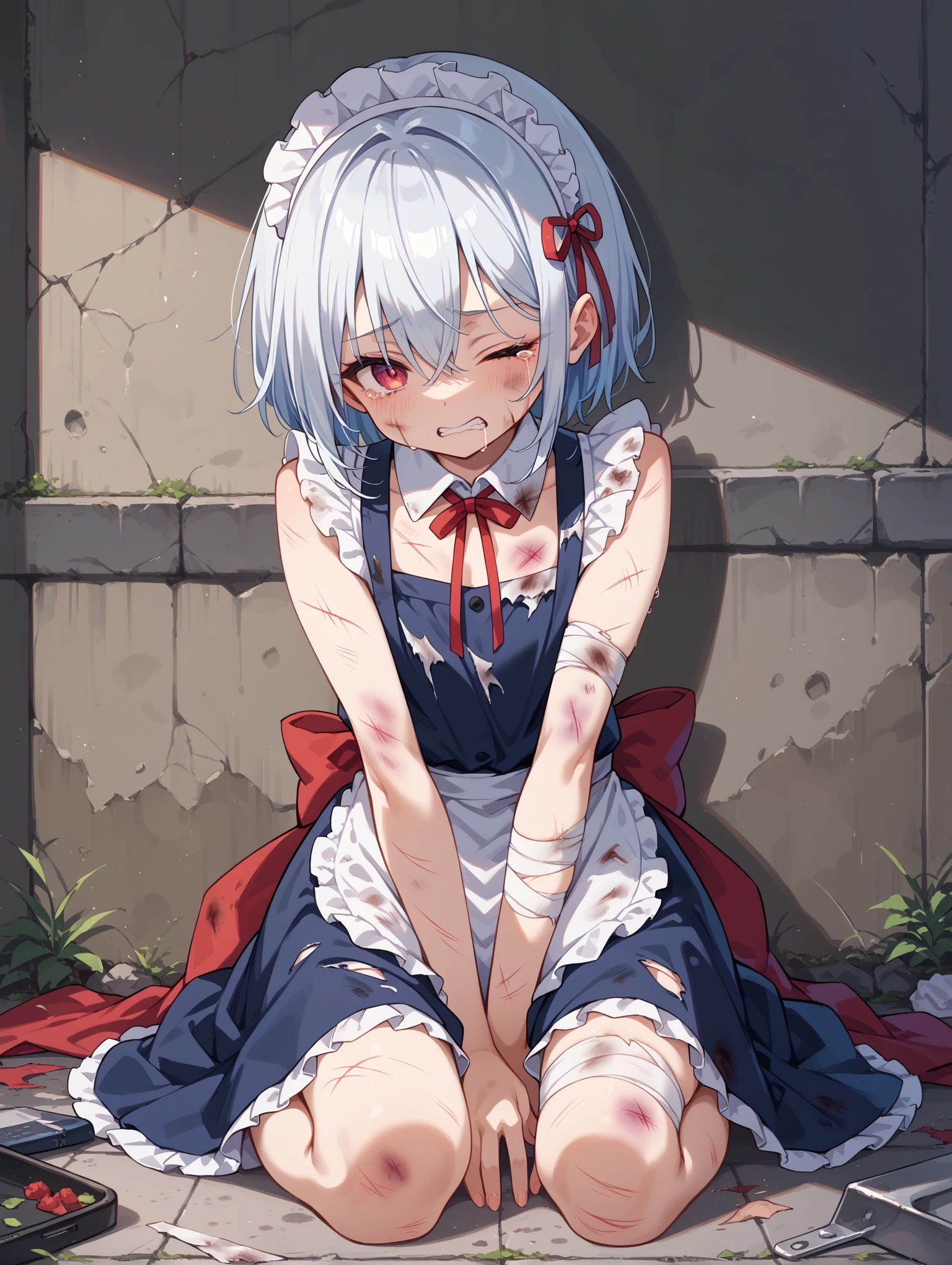 (Highest quality, 4K, 8k, High resolution, masterpiece:1.2), Very detailed, Picturesque, Animated Photography, Photo Animation:1.37)、Browsing Caution、Japanese schoolgirl.Completely naked、Injury、destruction、(((Amputee)))、((Bloody bandage:1.5))