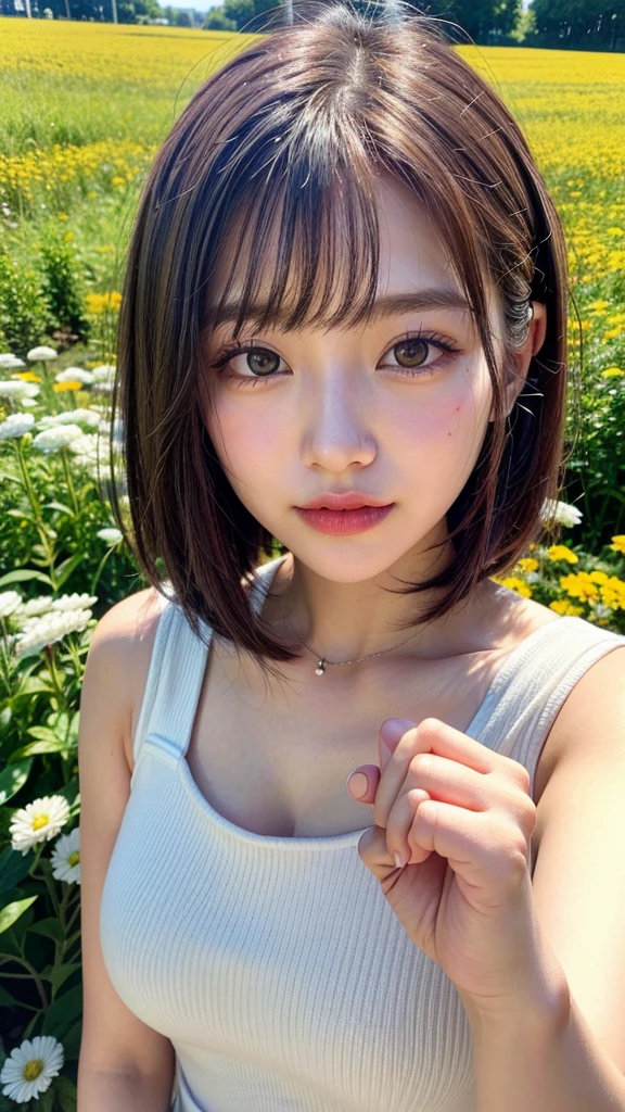Ultra-high resolution、(Real:1.4)、One beautiful woman、Beautifully detailed eyes and skin、Light brown short hair、A tiny smile、Small Bust、shirt、White flowers in the meadow々、Remains of megastructures、wood々Beyond the sea、Cloudy、Soft sunlight at sunset、Chest