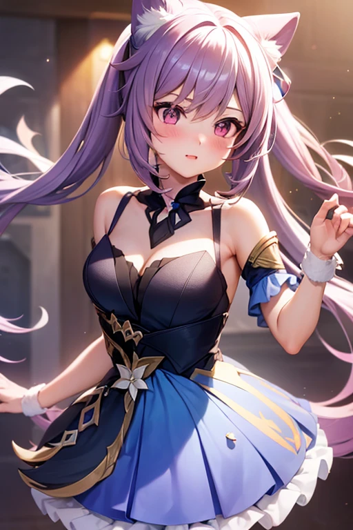 One Girl、Looking at the audience、
Beautiful Pink Eyes、short twintail   hair、,Mole under the eye、Plump and glossy lips、Heart-shaped choca、Idol、she is name Riko,smile、ー、。.。.。.。.。.。.。.。.。.。.。.。.。.。.。.。.。.。.3D、Realistic、
idol costume、short skirt,Drape clothes、gem、The decoration has been removed、Floral、Lace trim,On the glittering stage、
masterpiece、highest quality、8k、Detailed skin texture、Detailed cloth texture、Beautifully detailed face、Intricate details、Very detailed、
超A high resolution、8K Ultra HD、Film Grain、Best Shadow、delicate、Staring at the audience、front