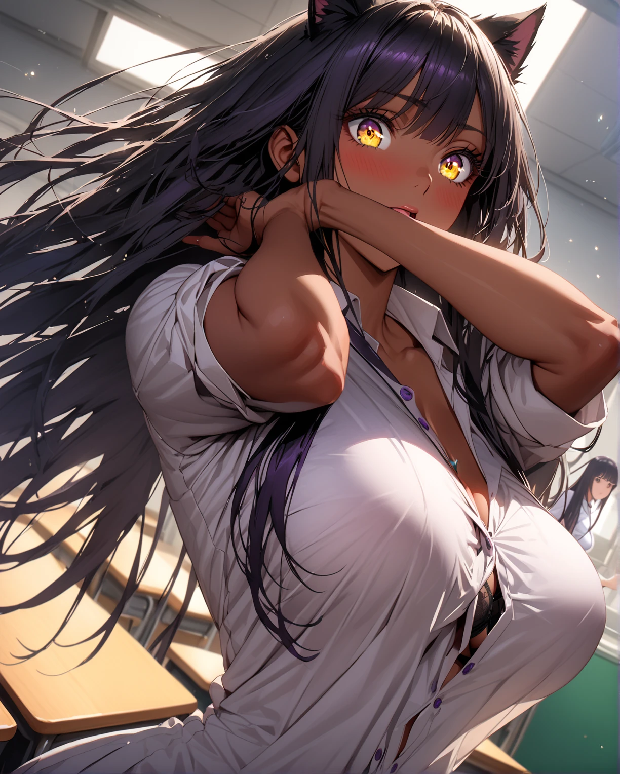 Cinematic lighting、(key light:Front diagonal 45 degrees, fill light、Backlight、shadow、blue and orange color palette), accurate human body、detailed person、Correct five-finger、RAW photo、 4K - ultra-vivid、highest quality, masterpiece, 超High resolution, (reality: 1.4),
(((oil skin,sparkling skin、realistic skin texture、detailed beautiful skin、shiny skin、shiny skin)))、
upper body shot, camera angle is low, Depth of the bounds written, Focus on the center, fine eyes, perfect face and eyes、
open your legs、1 cute girl, highest quality、ウルトラ - High resolution、High resolution、Detailed CG、8k unit wallpaper、20-year-old、美しくてfine eyes, black hair、colorful hair、(((black and purple super shiny latex panties)))、((( black skin , White shirt with tie , high school girl、cropped shirt , pleated skirt , cleavage ,oil skin)))、(shiny body: 1.5)、 please be shy、(Ahegao:1.5)、((black mask))、full of embarrassment、sexy pose、((vapor))、On the bed in a love hotel、(((pink lighting)))、A dimly lit, lewd room、Desaturation in the room