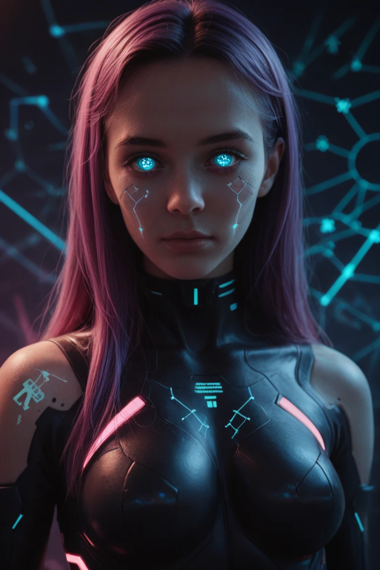 ((wide-angle)) RAW photo of an American girl ((girl)), futobot, mouth mask with thorns, (cyborg), (shimmering red hair, red eyebrow), bright hair, (iridescent red hair), earrings, bangs, mask, tattoos, walk in public, (((night)), bokeh, neon light, ((iridescent eyes)),