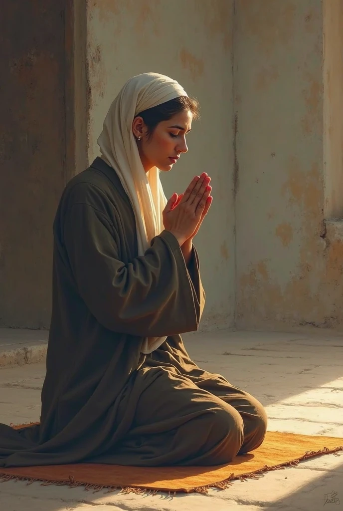"An animated illustration of Ana, a 38-year-old woman, dressed in a green tunic and a brown cloak, kneeling in prayer in the temple.