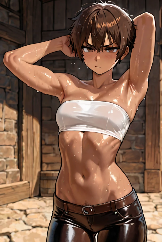 1boy、Anime images of boys in underwear、solo、short brown hair boy、Brown eyed boy、Twin tail hair、clothing:Bra and panties、high quality fanaRt、bRa with an yellow、in a female panty、panty with an yellow、cleavage、midRiff、collaRbone、naval、at Pixiv、top Rated on Pixiv、zerochan art、dynamic!!、looking at vieweR、Cowboy Shot、Male focus、whole body、Pixiv、 R / art, R /art, R/art、bRa and panty only、boy only、