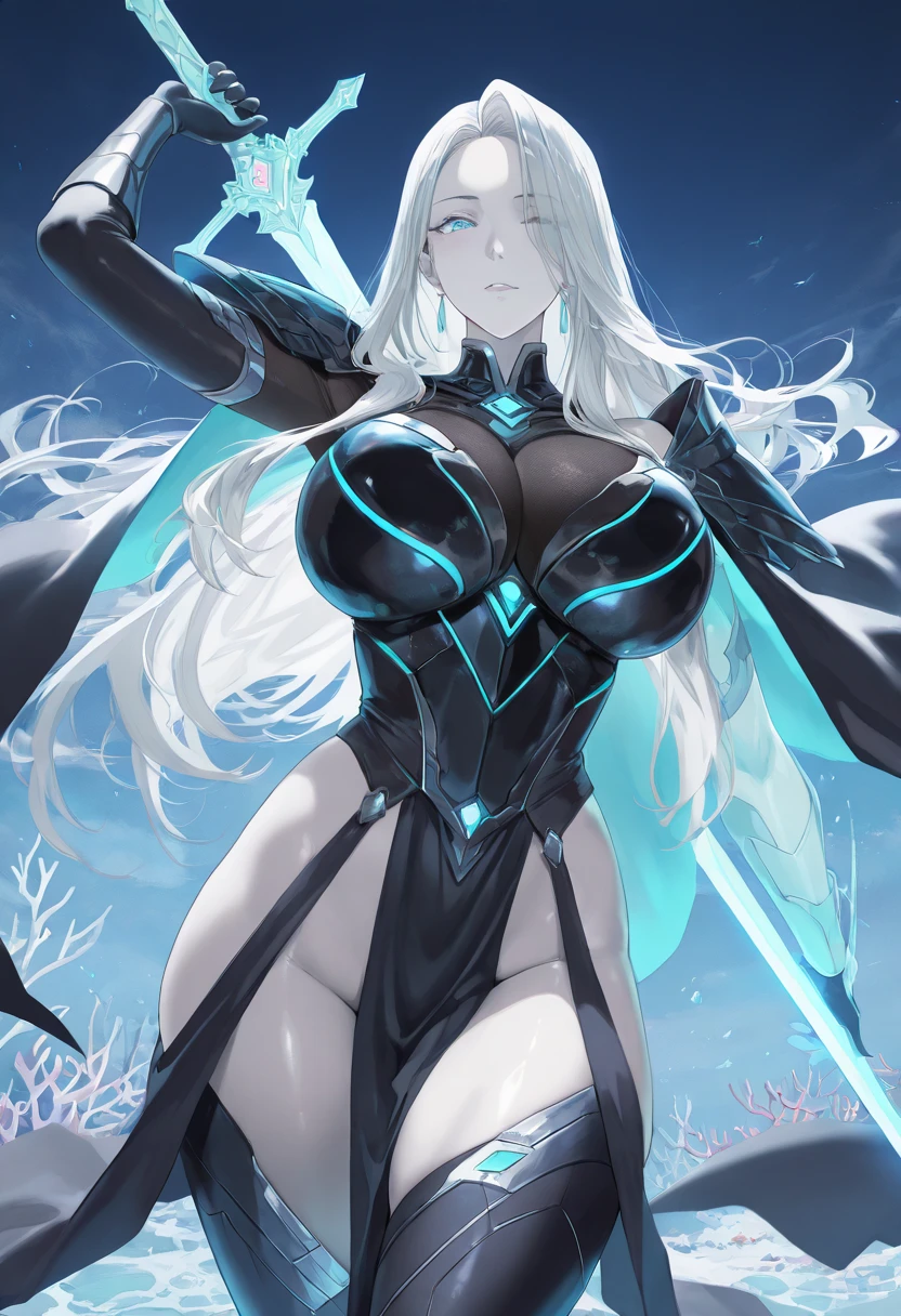 female, solo, young, sexy body, voluptuous figure, tightsuit, white hair, decolored blonde hair, ice effects around, ice queen, beautifull face, long hair, defined body, yellow and bright eyes, thick legs, strong legs, tall, Voluptuous legs, huge ass, big hip, big ass, female sorcerer, blue and black robes,
