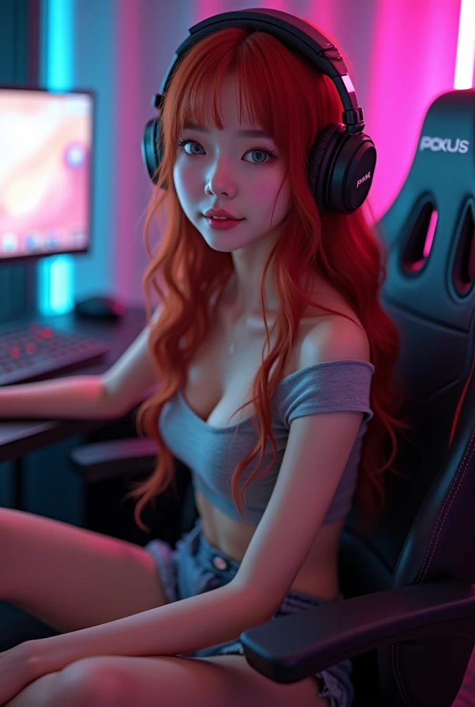 Beautiful red-haired woman, long red hair falling under shoulder, raw photo, detailed face, expression of shame, in the bedroom, playing something on the computer, headphones, sexy outfit, perfect body, round chest, big ass, thick thigh, perfect lighting, masterpiece, pc gamer, geek girl, sexy angle, sitting, professional photo, detailed photo, 8k