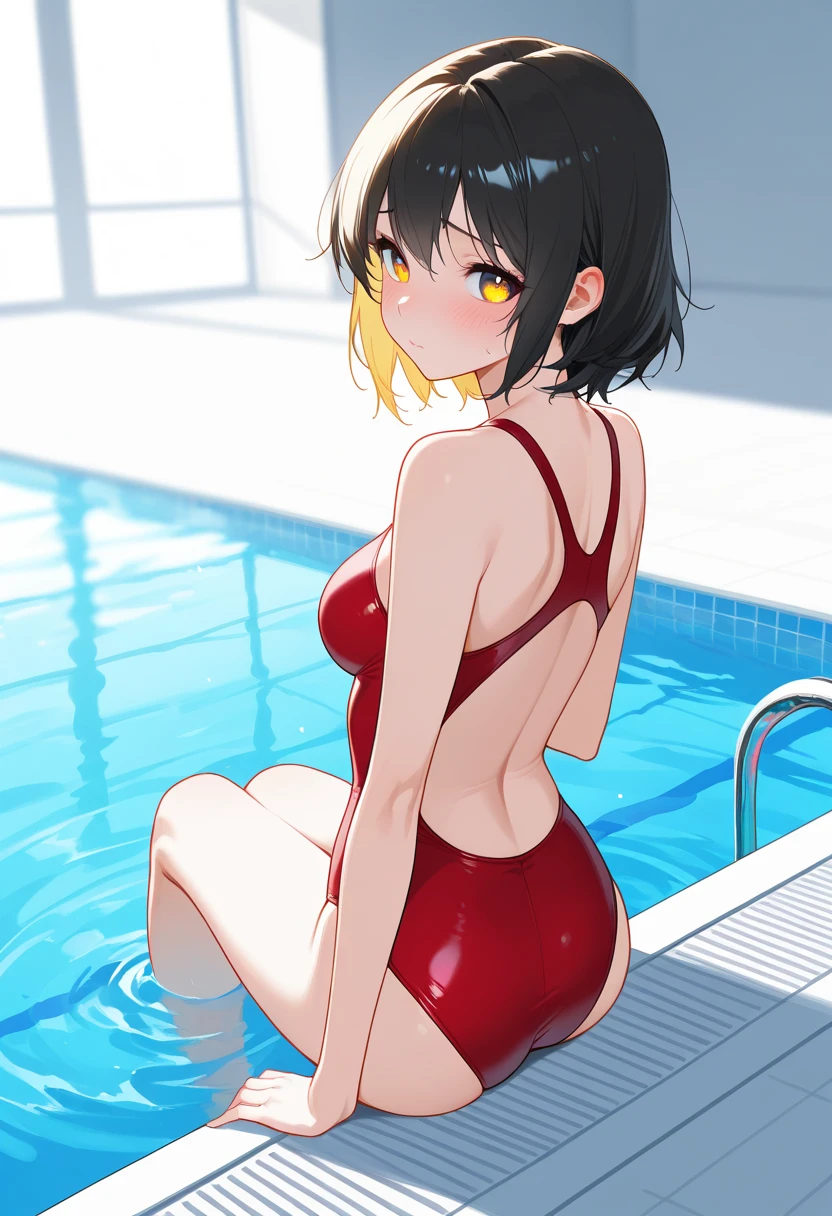 from behind, solo, looking at viewer++, black hair, short high twintail, cute, (squat), close-up buttocks, (huge ass),red thong micro bikini, blushing, surprise, embarrassment, poolside,