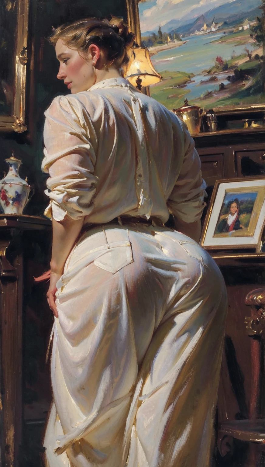 (AOC:1.1), panties, from behind, Curved, Wide hips, thick thighs, Oil painting, by sargent