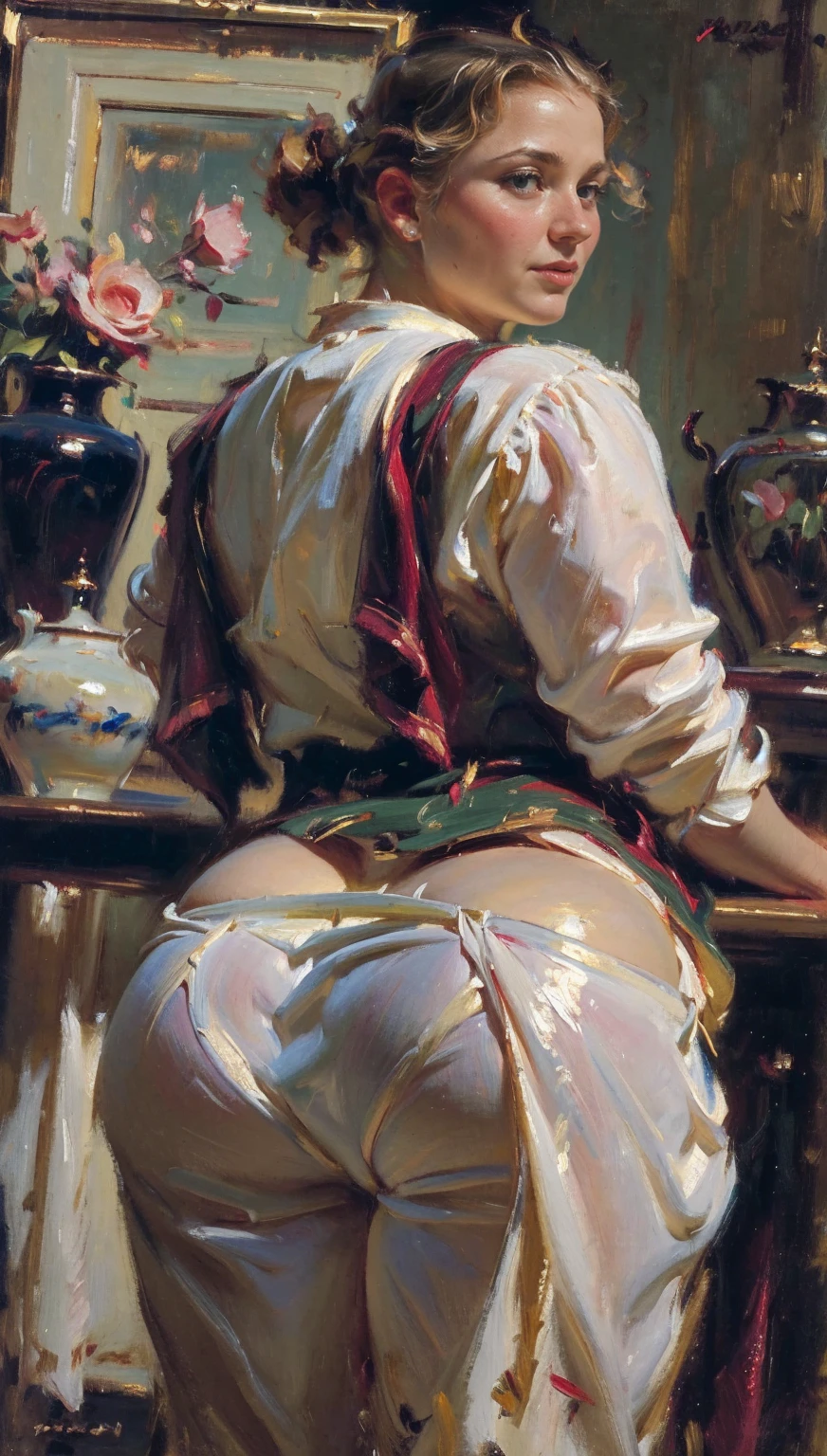 (AOC:1.1), bragas, from behind, encorvado, Caderas anchas, muslos gruesos, Oil painting, by sargent, caught naked pose, completely naked, bottom naked, bridal veil, arms tied with rope behind back, pussy exposed, nude, bottom exposed