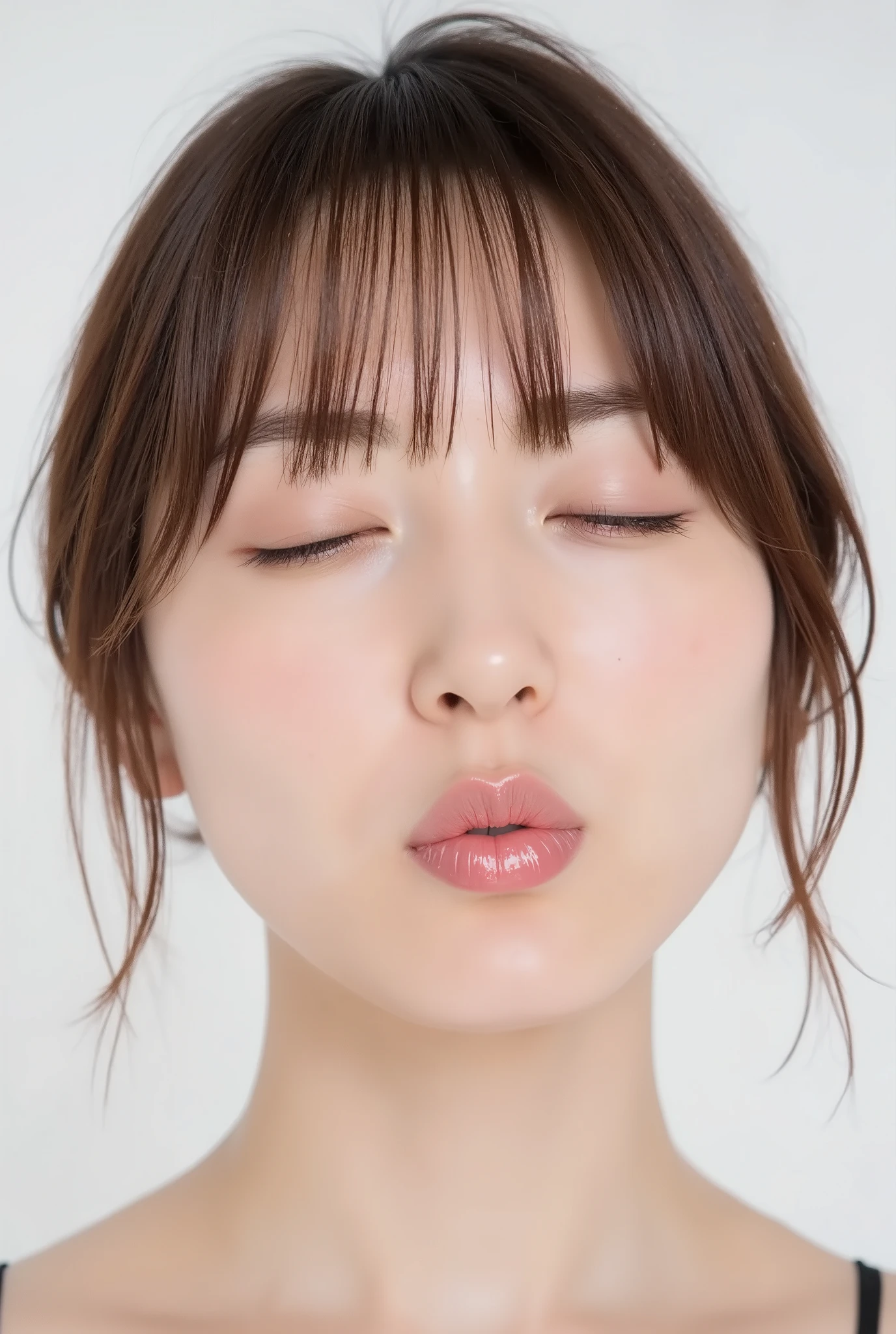 beautiful young woman, standing slightly on tiptoes, collarbone up framing, hands held behind back, head tilted slightly back, lips tightly puckered and strongly protruded, round kissy lips, heart-shaped lips, extremely glossy soft pink lips, intense lip highlights, wet texture on lips, cheeks flushed, eyelids softly closed, smiling warmly with lowered outer eye corners, delighted and embarrassed, overjoyed expression, longing, desperate affection, yearning, black camisole, matte natural skin texture with soft peach fuzz, direct frontal shot, slightly high camera angle (around 35 degrees above), focus on lips, soft blur on face edges, white studio background