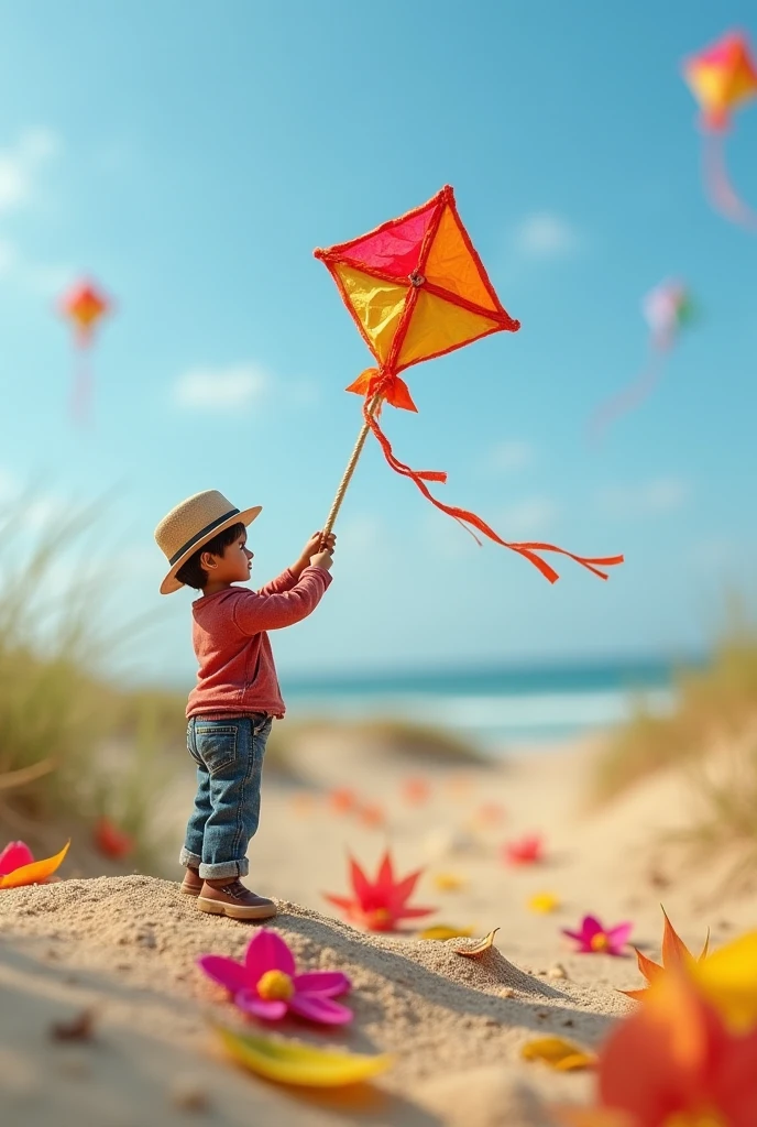araffe child running on the beach with Kite flying in the sky, happy child, Kite, child, shutter, Beautiful sunny day, Enjoy the wind, shutter contest winner, Have a great time, childs playing at the beach, pexels contest winners, Clear skies, little child, Beach sunny day, On a sunny day, Best selection on Adobe Stock