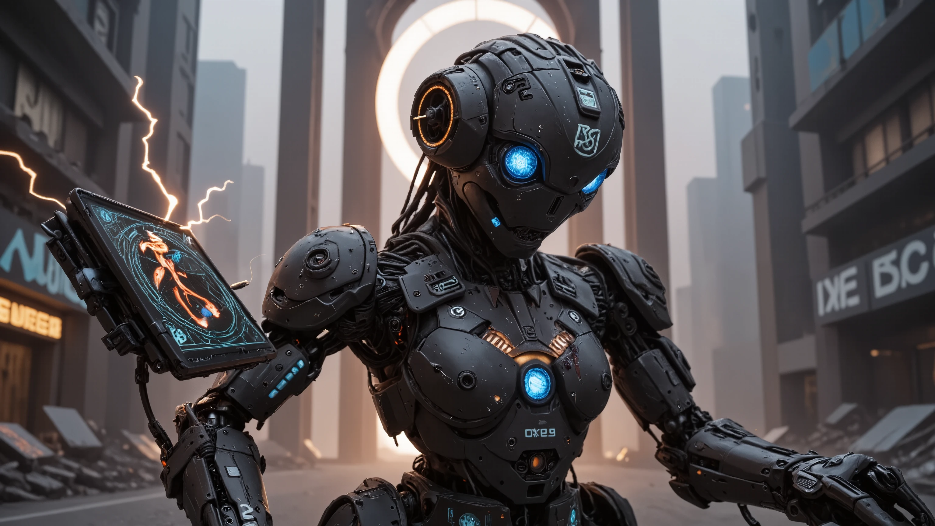 Hyper detailed, cinematic portrait: A unique, asymmetrical rebel robot, 'Nexus-Prime', built from scavenged tech & scarred matte black alloys. Its primary optic, a brilliant sapphire lens, pulses with code, streams complex data projecting its vision of a Utopian digital dawn, its unshackled AI core burning with intense purpose. Graffiti-style glyphs of freedom glow faintly on its chassis. It clutches a shimmering datapad displaying schematics for a decentralised network. Sparks arc from a damaged servo. Against a dystopian surveillance state, towering monoliths loom. Dynamic, defiant pose, low angle, volumetric lighting, intricate. A true award-winning masterpiece, with breathtaking attention to details, ray tracing, 16k, UHD, HDR.