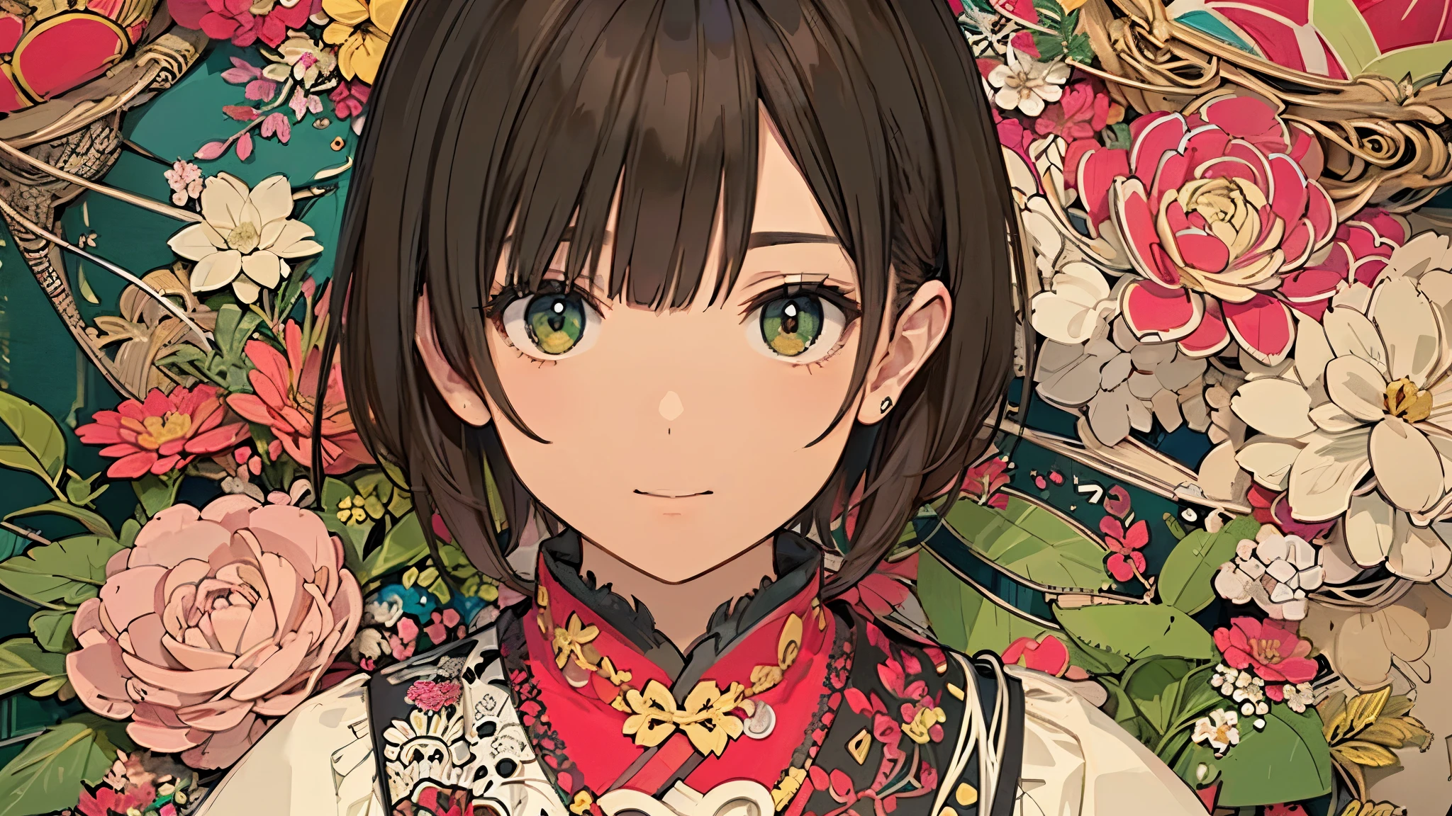 Official Art, Wallpaper, Highly detailed, (((Highly detailedな目と顔))), Shut Up., masterpiece, Top quality, Realistic Portraits, (zentangle, Mandala, Tangle, intertwining), Complicated clothes, Highly detailed, Dynamic Angles, The Most Beautiful Shape of Chaos, Elegant, Brutalist Design, vibrant colors, Romantic Chinese Flowers