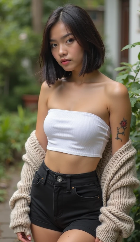 a woman with tattoos that is posing for a picture in a white t - shirt, 1girl, solo, jewelry, tattoo, dark skin, earrings, underwear, dark-skinned female, panties, necklace, realistic, navel, hoop earrings, short hair, black hair, breasts, contrapposto, very dark skin, lips, arm tattoo