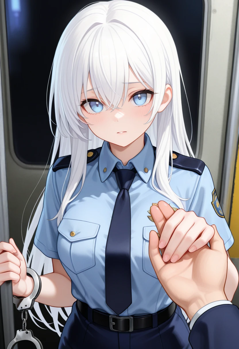 Sex between two girls handcuffs policewoman and prisoner arrest white off shoulder black pleated skirt
