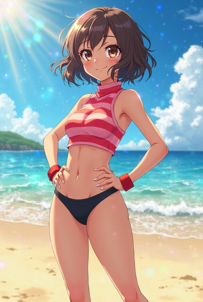 highest quality、Realistic、zoom、Chestnut Hair、Gray Eyes、short hair、Orange swimsuit、Tanned black body、Tan、Dark Skin、slender、Small breasts、Sweat、smile、Ocean、