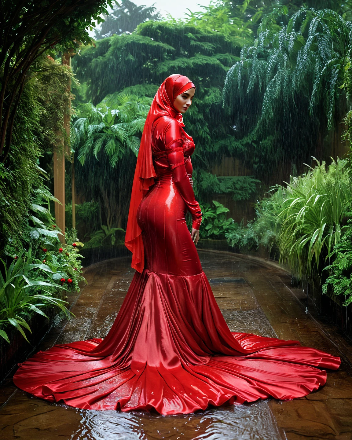 a woman in the translucent red silk gown, tight full body tied, nipple on, full body,wear modern hijab, double long satin train ( 4 meter long ), mermaid tight long gown, flowy dramatic long gown, tall women, in wet road, strugle to walk, wear high heels, masterpice, 4k resolution, ultra-realistic, highly detail.