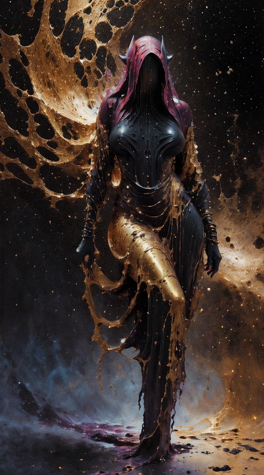 (body formed by galactic liquid crimson and black metallic paint twisting into a beautiful interpretation of the female figure), au naturel,((complex galactic metallic colours in the foreground)), (( fluid mechanics, the loveliest smooth scale face makeup, smirky expression)) - red, black and gold, onyxia, metallic color palette g0s1