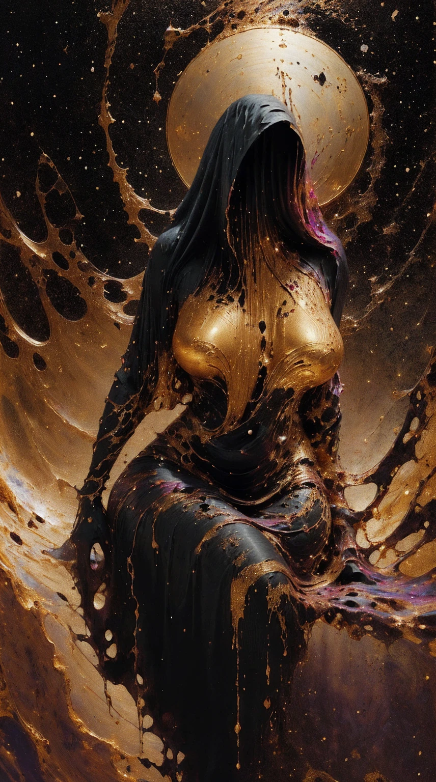 (body formed by galactic liquid mauevine and black metallic paint twisting into a beautiful interpretation of the female figure), au naturel,((complex galactic metallic colours in the foreground)), (( fluid mechanics, the loveliest smooth scale face makeup, smirky expression)) - red, black and gold, onyxia, metallic color palette g0s1