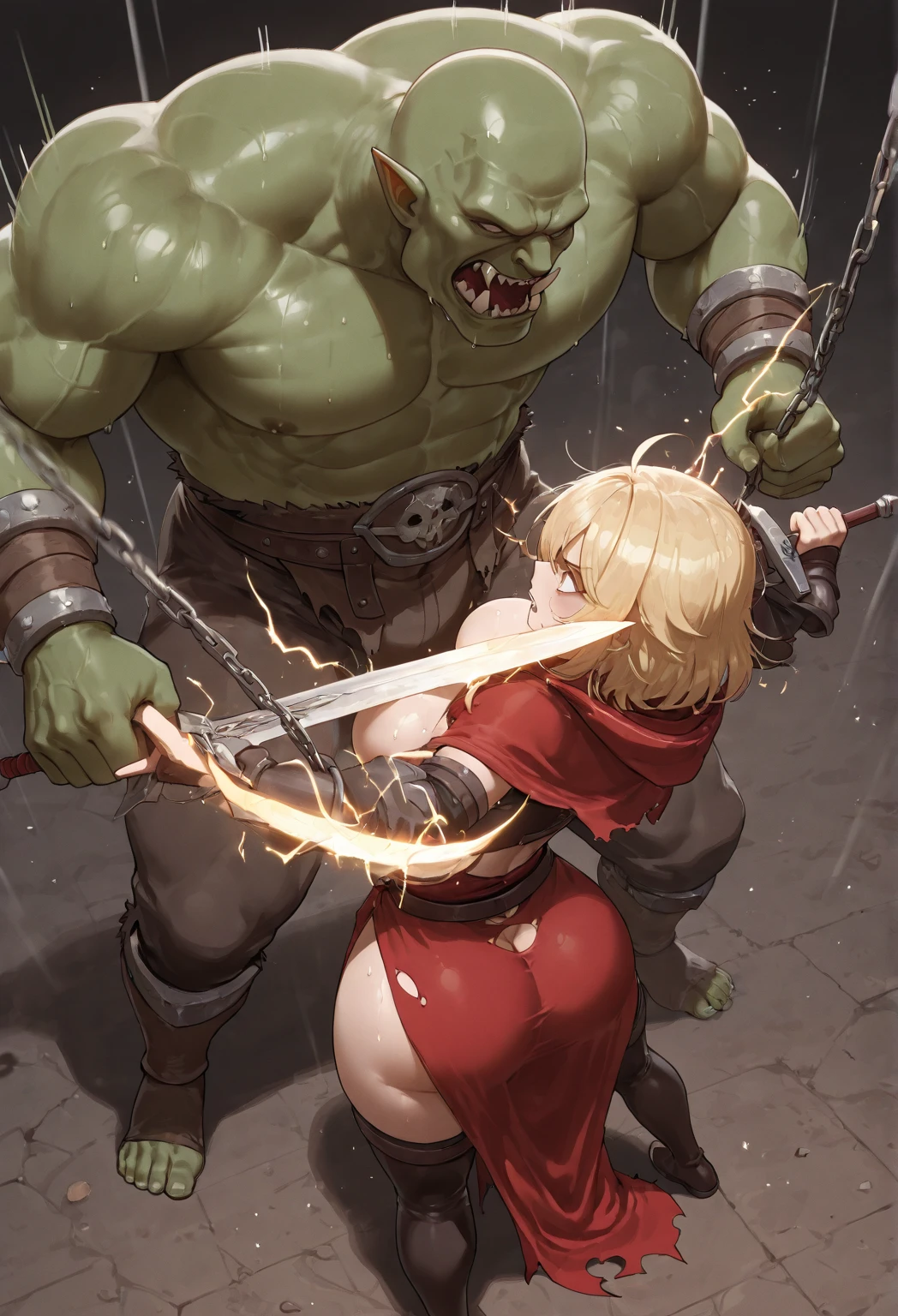 (masterpiece), (beautiful detailed face), (beautiful detailed eyes), (blurry background), (grasses), outdoors,
(1boy), (1boy:green ugly man:1.4), (1boy:gangbang), (1boy:breast grab:1.4), (huge penis), (hug:1.2),
(1girl), (silver hair), (short hair), (ring collar:1.4), (nude:1.4), (1girl:nipples), (midriff), (navel), (topless:1.2), (bottomless:1.2), (pubic hair:1.2), (huge breasts:1.8), (pregnant:0.8), (transformation:1.2),
vaginal, (clenched teeth), (size difference:1.4), (beautiful detailed face), (beautiful detailed eyes),
(1girl:arms above and behind head), (spread legs:1.2),
(fanny_packing:1.4), suspension, (bsdm), grin, arms up, armpits, huge testicles, rope, chain, (large insertion), (sex), muscular male, (reverse upright straddle), (cum on pussy),
(anklet), (bracelet, chained wrists, shackled hands), (chained ankles), (chained knee),
(onarmor:1.4), (meat shield),