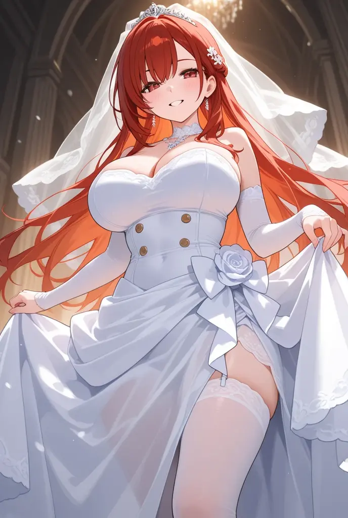Ultra-fine face, masterpiece, best quality, Upper Body, Smile, Brown long hair,on stage, skirt, Ponytail,White Wedding Dress,Horse ears,Horse girl ears,Red roses decoration,(White Wedding Dress),Many red roses decoration,White Wedding Dress,White Wedding Dress,White hollow wedding dress,largest breasts, largest breasts, ,Show your belly button,Show your belly button,Healthy waist curve,Perfect body,Small waist,Perfect waist muscle lines,complexion,Gasping for air,Sweat珠,Sweat,White suspenders,Lace,((wedding dress)),Elbow-length white silk gloves,Elbow-length white silk gloves,(Thigh muscle details),(White suspenders),((Show your thighs)),((Beautiful thigh line details)),((White zona pellucida)),((White crystal high heels)),((White crystal high heels))