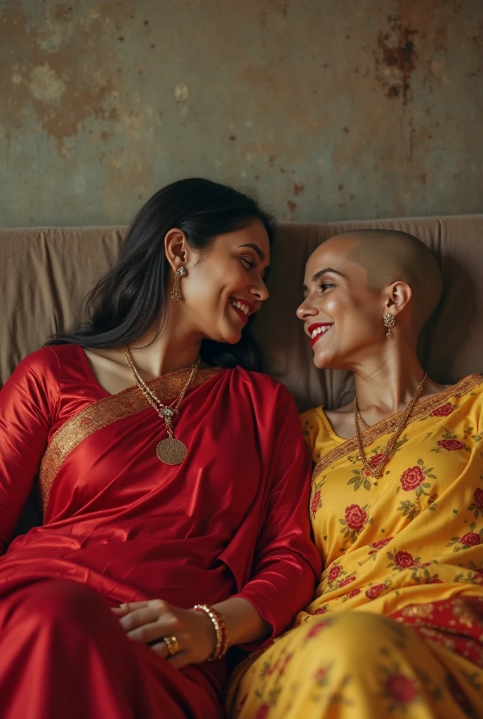A hot bald head women wearing Indian traditional saree sitting with her girlfriend.on bed and her husband fingerring her pussy