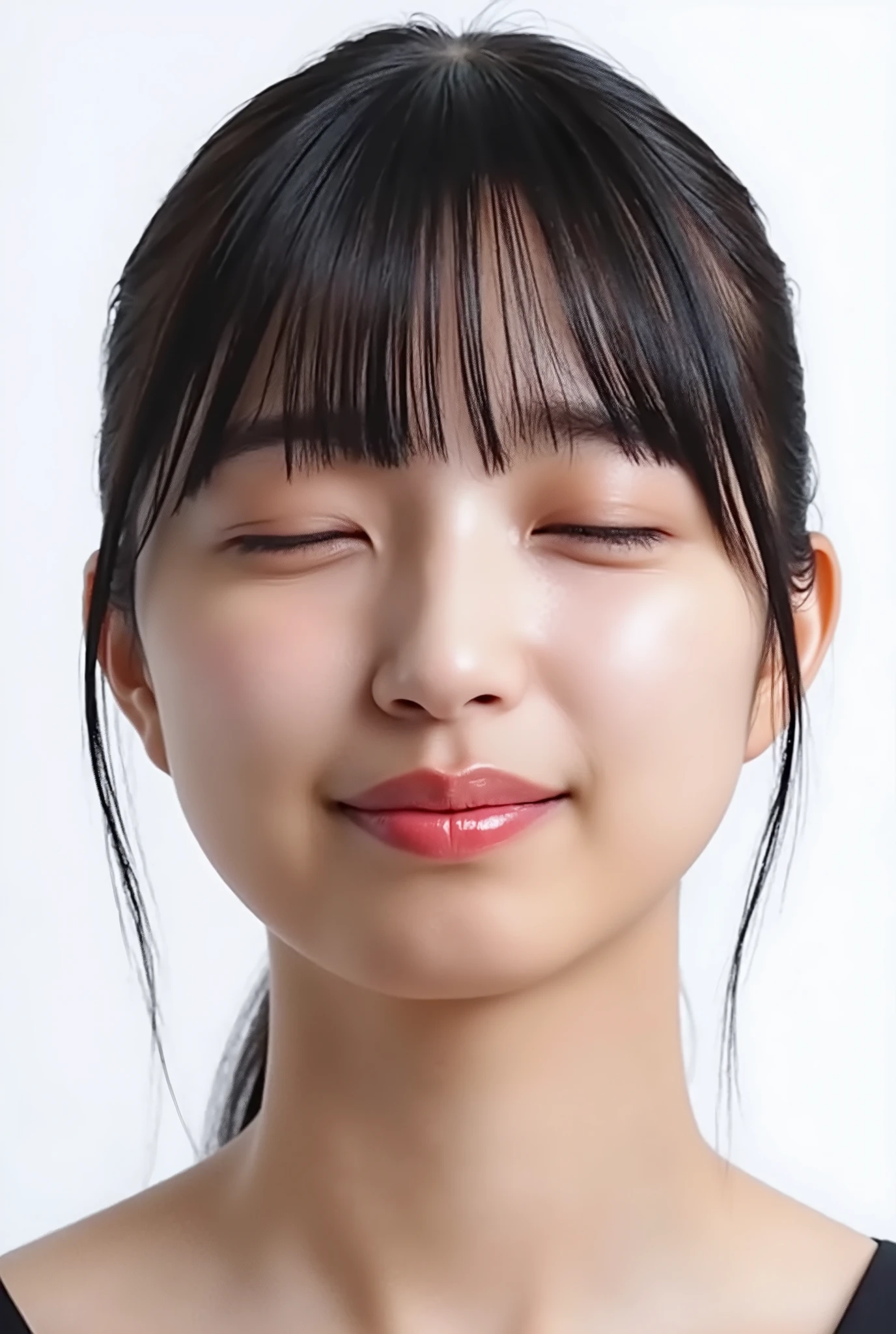 beautiful young woman, standing slightly on tiptoes, collarbone up framing, hands held behind back, head tilted slightly back, lips tightly puckered and strongly protruded, round kissy lips, heart-shaped lips, extremely glossy soft pink lips, intense lip highlights, wet texture on lips, cheeks flushed, eyelids softly closed, smiling warmly with lowered outer eye corners, delighted and embarrassed, overjoyed expression, longing, desperate affection, yearning, black camisole, matte natural skin texture with soft peach fuzz, direct frontal shot, slightly high camera angle (around 35 degrees above), focus on lips, soft blur on face edges, white studio background
