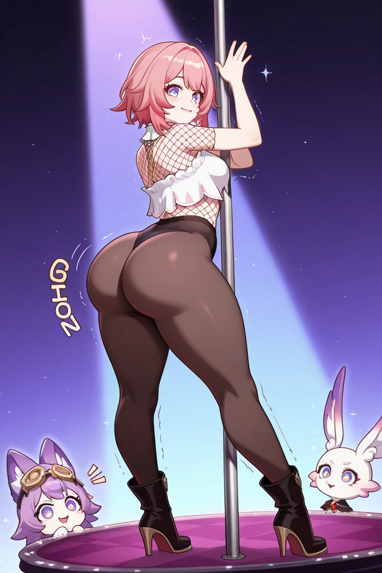 score_9, score_8_up, score_7_up, score_6_up, score_5_up, score_4_up, (solo), female anthro hyena, secretary clothes ,lusty, fluffy body, black hair, freckles, freckles on face, turquoise eyes, sex partial clothes, semi-butonned uniform niform, (barely_visible_booba) , giant breasts, garter belt tights , a strip dancer, on a platform, stage, string pole holding on strip pole, POV angle from below looking up, angled, light beams, strip club, (thick thighs:1.5) bent over, focus on butt, watch your back, biki big butt sexy butt sexy but invitation