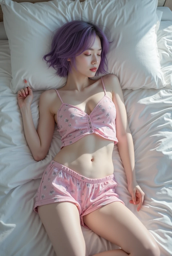 Miniskirt, Navel, glued to the chest, 40k, photo, masterpiece, top quality, high angle, SFW, (1 girl's blue eyes and light pink short hair), (miniskirt sexy_outfit: 1.3), (white clothes: 1.3), facial expression (she is crying), (sad), (crying), (crying), (tears), background (wet, lying on bed)