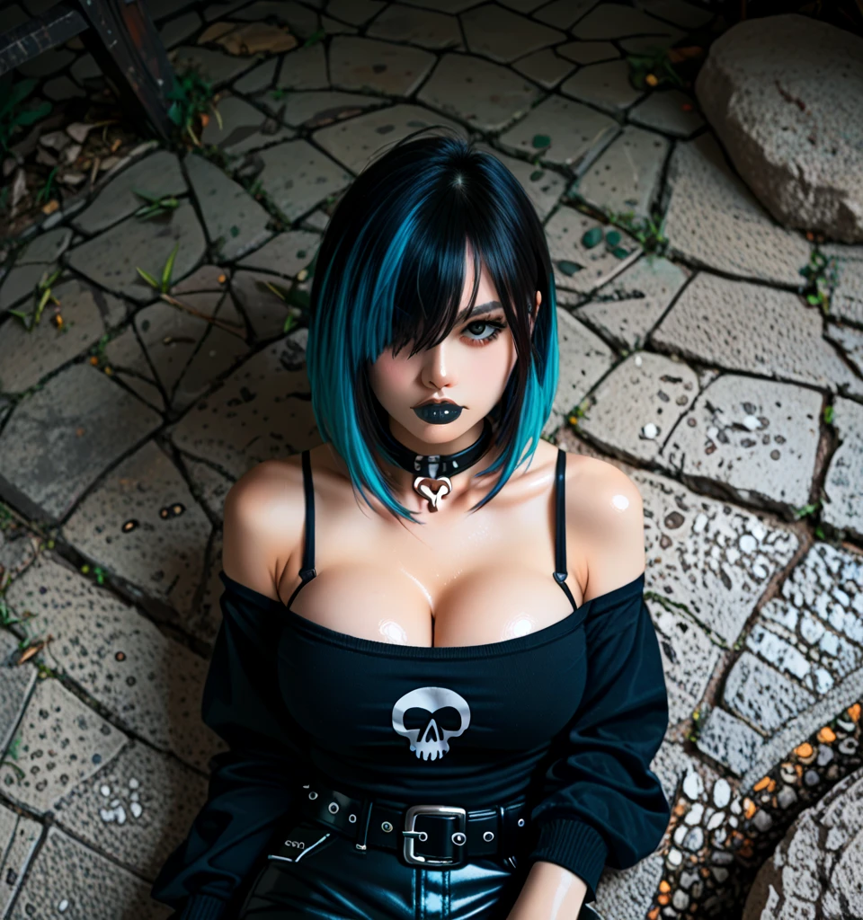 goth, excited, pale skin, smoky eyes, vivid colors, punk rock hairstyle, color: spectrum, vivid colors, rainbow colored hair, black lips, hotel balcony at night, leaning over balcony, leaning, body view, huge breasts, tshirt, black jacket, pocket chain, earrings, ruffles, ruffle trim, babe, bimbo