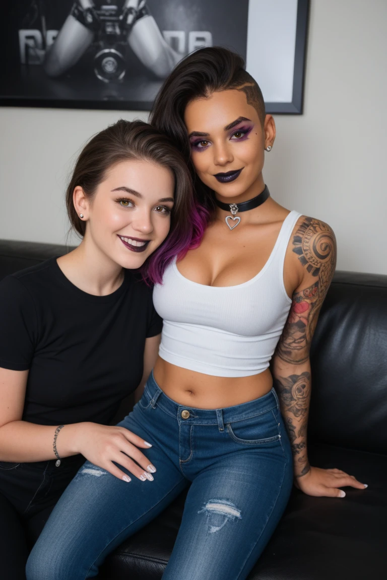 2 white tomboys european girls, short Butterfly Cut hair, purple hair, messy hair, big eyelashes, shy smile, full body photo, perfect green eyes, 8k photo, tattoos, slim body, realistic,, arm full of tattoos, oiled up body, high details, soap foam, cute face, teen girl, slander, best quality, photorealistic, topless, perfect eyes, tomboy skinny, freckles, fringes, separated bodies, sitting, stairs