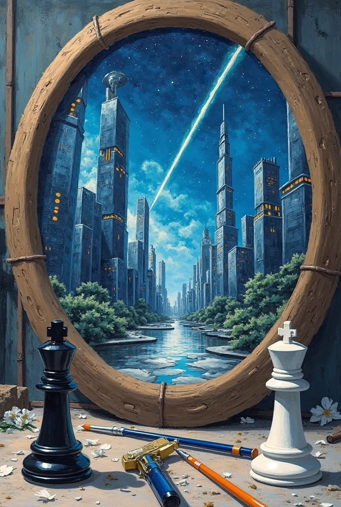 The image is Ghibli style, shows a painting, which has a circular metal frame with the figure of the ouroboros, The canvas depicts a futuristic city with large skyscrapers, with a shooting star streaking across the night sky in the distance.. Outside the painting two chess pieces can be seen, one the black king and the white king, and also two guns and some brushes that were used to paint the picture.