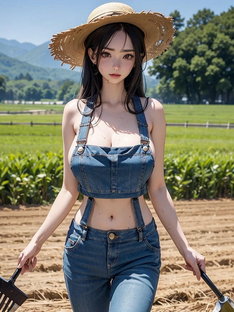 Cowboy Shot、((Farmer))、There is a dirty hut、((Tractor))、(((There is a hoe and a spade)))、Muddy、sweating、農場でbeautiful女性の肖像画:1.6 、 (Straw hat) 、 ((Overalls for bare skin:1.2))、 Rubber boots、 Black short hair、((Brown Skin))、((Simple bra))、High resolution、High resolution、In 8K、Real Live Action、RAWphotographgraphy、Highest quality、masterpiece、Tabletop、erotic、(Sunburned skin)、knees、 Absurd、Small face、Big Breasts、masterpiece、Highest quality、超A High resolution、RAWphotograph、only、beautiful、One person、 One personで、whole body、very nice、Japanese women、Are standing、（Realistic：1.4）、Photon Mapping、Realistic、cute、 Adult female、物理ベースonlyダリング、prospect、Written boundary depth、Blurred Background、photograph、girl、body、beautiful足、 Long legs、Thin legs、 lips、 No makeup、Nose Soft、 kneesが見える、Sparkling eyes、光沢のあるlips、Too bright natural light、Bright Sun、Too bright sunlight、Thighs　Thighs　Thighs