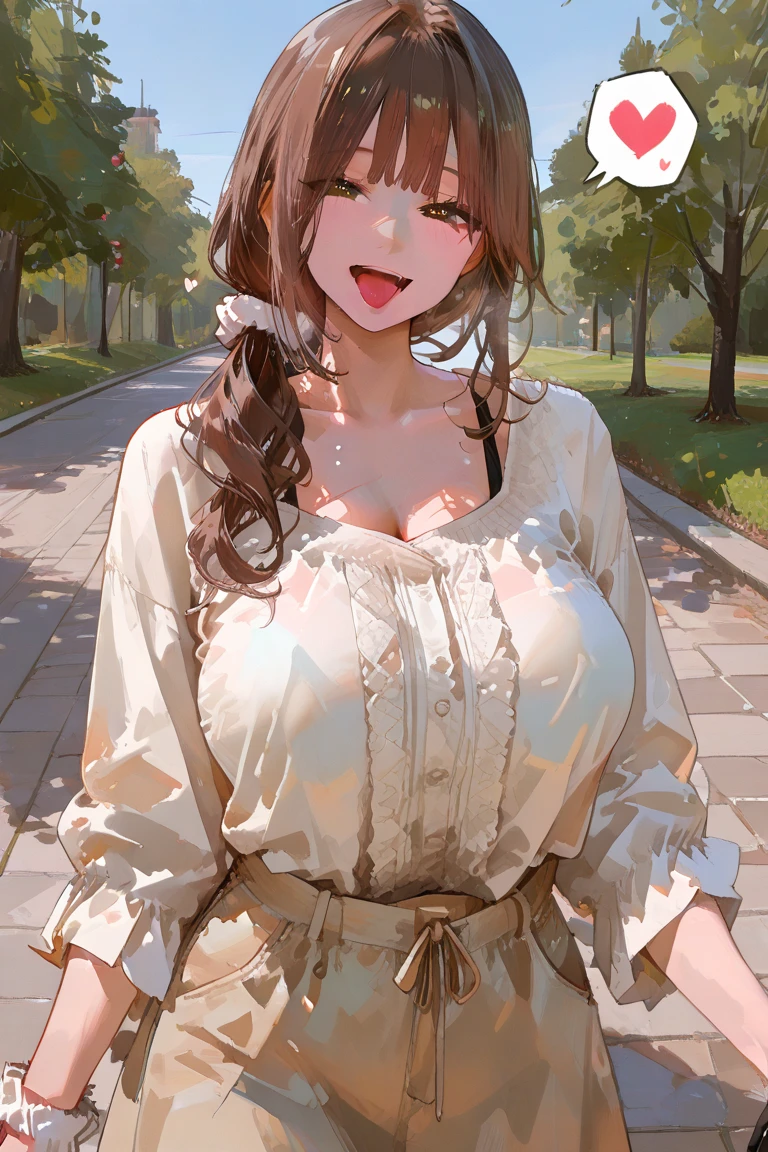 (8K, Best quality at best, tmasterpiece: 1.2), (actual, actual: 1.37), ultra - detailed, Best quality at best, 超A high resolution, profesional lighting, フォトンマッピング, ラジオシティ, physically-based renderingt, 电影灯光, pedestrian street, Depth of field on rainy day, Clear focus, rays of sunshine, Good composition, (bokeh: 1.2) 1个Giant Breast Girl, Alone, (closeup view), beautiful 詳細な目, grin face, lewd poses, Willow waist, medium chest circumference, brunette color hair, messy hair, long hair floating in the wind, (ulzzang-6500:1.2), Emphasize cleavage, sexy for, gigantic cleavage breasts,Emphasize the hips backward,Detailed hands, 5 fingers, The right people, 詳細な目,ctextured skin, super detailing, high detal, high qulity, Award-Awarded, top-quality, A high resolution, 1080p, k hd, 4K, 8K, 16k