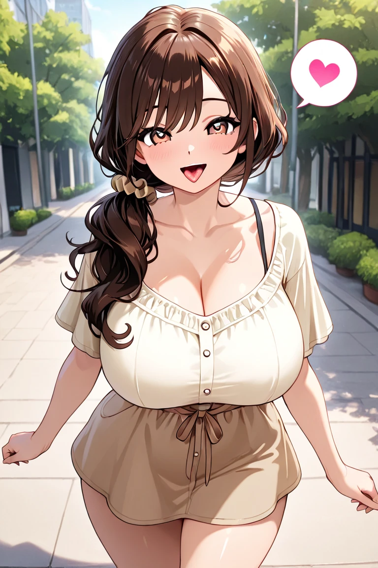 Wife 30 years old,Huge Breasts,Brown wavy hair,earrings,Smile,pedestrian mall,Sun,breeze,Tree shadow,light pink vest,Sexy,noble,red glasses,green eyes