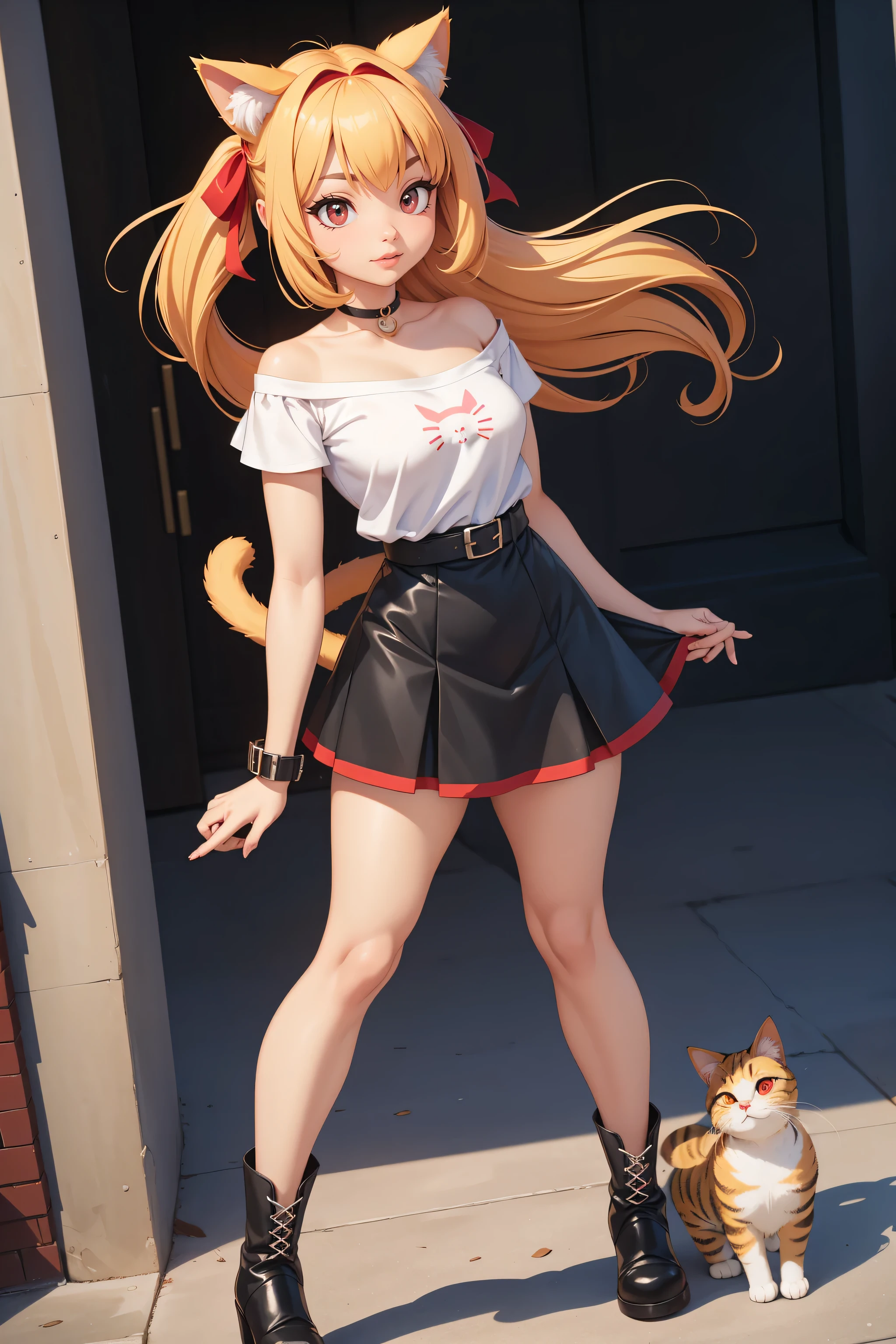 (best quality, 4k, 8k, highres, masterpiece:1.2), ultra-detailed, detailed face, detailed lips and eyes, expressive face, realistic, BREAK BLARKY beautiful caucasian woman with very long straight white hair, (yellow eyes:1.4), fair skin, fox girl, animal ear fluff, animal ears, extra ears, fox ears, (fox tail:1.5), bangs, hair between eyes, long sidelocks, large breasts, (age 16-year-old, height 162 cm), BREAK (red and white theme:1.4), (sexy school uniform:1.2), ((girly fashion, punk style):1.2), (close-fitting ultra low rise (red [[plaid pattern]] pleated skirt) cut in half vertically with extremely small fabric area:1.4), ((shallow, ultra low rise, pull down skirt):1.2), (bare (hip bone, lower abdomen, lower belly, lower buttocks, upper thigh):1.4),
BREAK (plain white theme:1.3), (short sleeve front tie plain white collared-shirt:1.4), ((bare stomach, navel, collarbone, emphasize breast cleavage):1.4), (white (eyelet belt, grommet belt):1.3), 
BREAK ((earrings, necklace, bangles):1.2), (pumps with heels:1.2),
BREAK (solo:1.2), arrogant caring slightly shy and slutty expression, detailed perfect face, detailed perfect fingers, (ponytail, flowing hair, wind:1.4), intense blushing, open mouth, perfect hands, rosy cheeks, smiling face, beautiful eyes, attractive eyes,
BREAK master background, in front of convenience store, outdoors, daytime, many girls in gyaru fashion in the background, slightly blurred background, (full body:1.3), walking, sunshine
