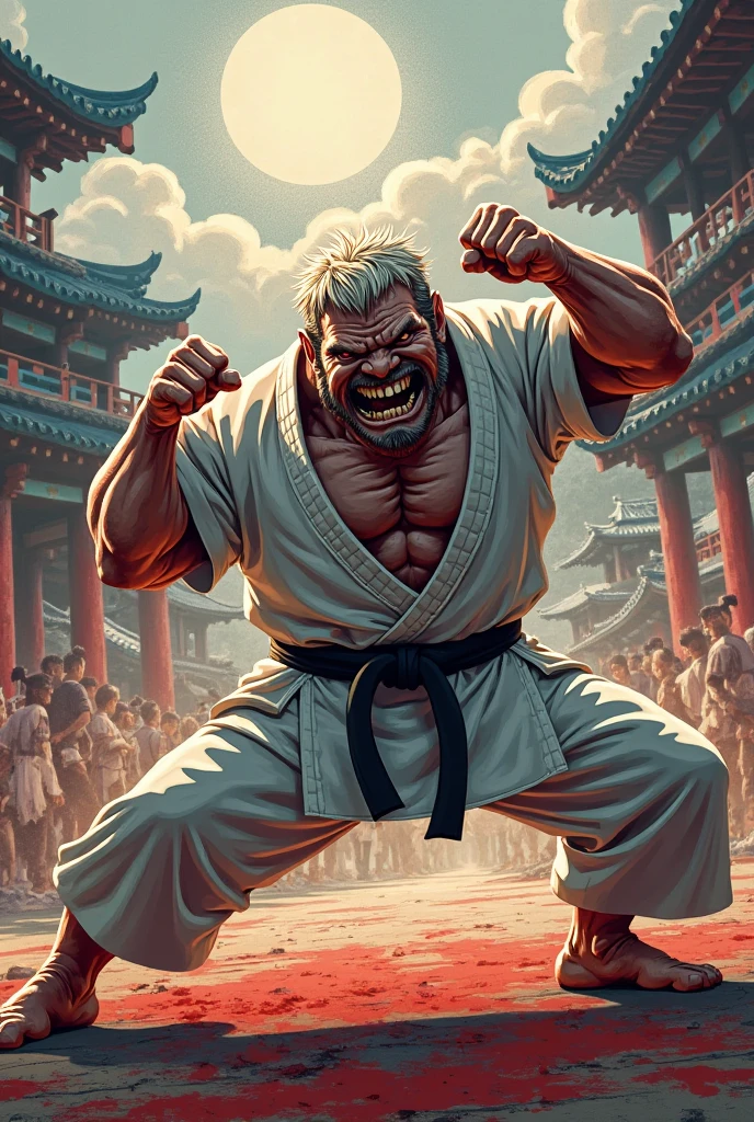 (Mad Magazine cover) A muscular bald man with a wide grin, a classic Alfred E. Newman face, in a heroic one-punch pose, the bloody remains of a monster strewn across a panicked crowd in downtown Tokyo, dynamic action, cinematic lighting, digital painting, highly detailed, 8k, photorealistic, dynamic composition, dramatic atmosphere, striking colors, vibrant (title across the top MAD)