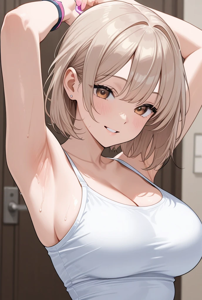 indoor,gym,wide hips,yoga pants,play sports often,(Sensitive smile:1.2),(big breasts:1.5),shiny,hair,((alone)),((masterpiece)),((highest quality)),perfect anatomy,slim waist,perfect image,8K UHD,(beautiful and fine eyes:1.3),highly detailed face,Are standing,(Upper body:1.1),(look ahead:1.1),back arm,super detailed,disorganized,High resolution,blonde hair,medium hair,sexy milf,28 years old,