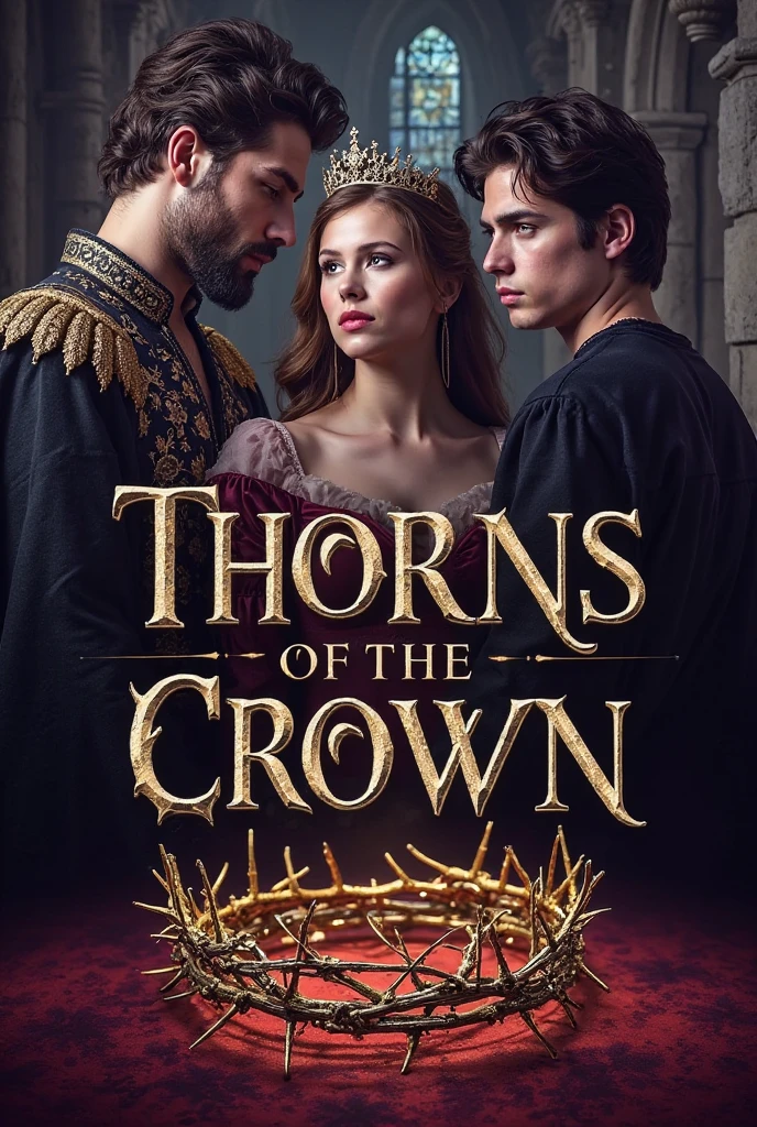 Create a book cover. The title of the book is "On the Way to the Crown" and above the title there is a crown. It's a medieval fantasy story. On the cover there should be three young women, one of them is blonde with blue eyes, the other one has platinum hair and the last one has brown hair. All three of them have hateful looks. A light cover, but dark in the part of the women's image. a super realistic image. Make them have different faces and their hair is different and THERE ARE THREE WOMEN. Make the title bigger and with the book background silver