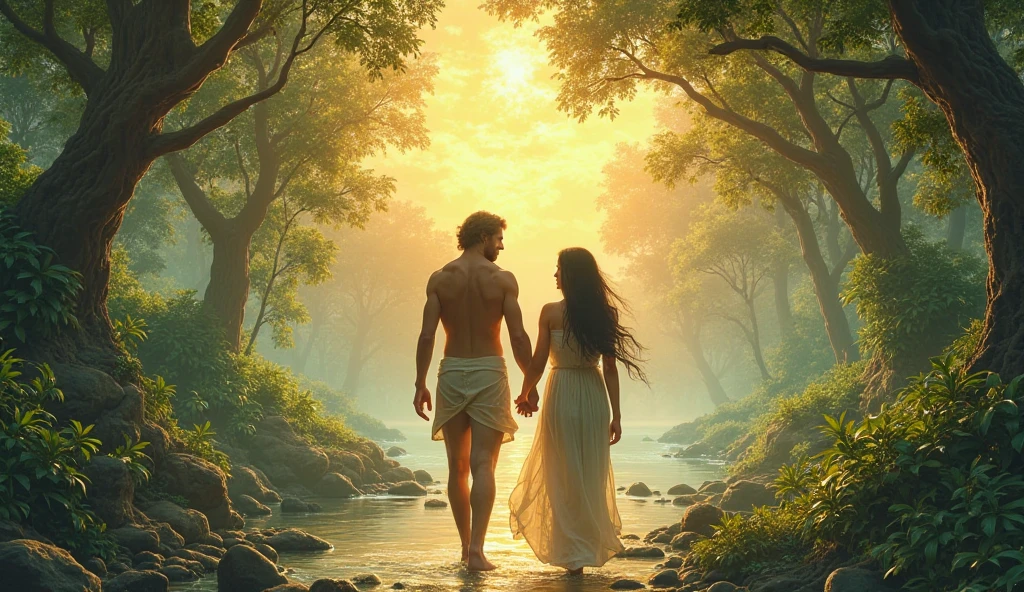 A representation of Adam and Eve created in the image of God, clothed.