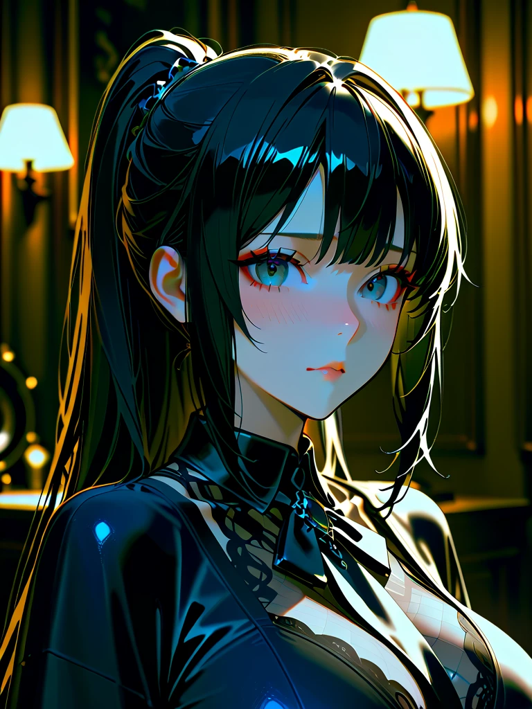 (mona), 1girl, wearing a black colour stylish party frock, at a night party, Mona's hair style , 8k, high detailed, high quality