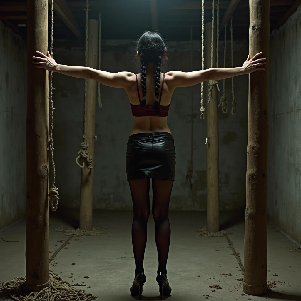 (highres:1.2)A young, beautiful woman, a sinner, is tied up in her clothes, being tormented in a historical torture device known as a ducking stool. She is tied up to Ducking stool with rope, The scene is depicted in extreme detail, capturing every moment of her excruciating ordeal. ((The torture is being carried out by a merciless executioner who relentlessly whips her bare back with a whip:1.6)). The atmosphere is dark and ominous, with dim lighting and shadows, enhancing the sense of fear and vulnerability. Full body wide shot, The woman's face is filled with pain and anguish, while her eyes reflect despair and helplessness. The artwork is created using the medium of a hauntingly realistic oil painting, showcasing the historical brutality and capturing the emotional intensity of the scene
