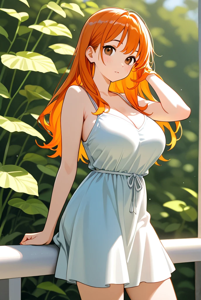 Furry female laranja, curvy body, wearing a tight mini white dress, farm, closeup, anime Otome style