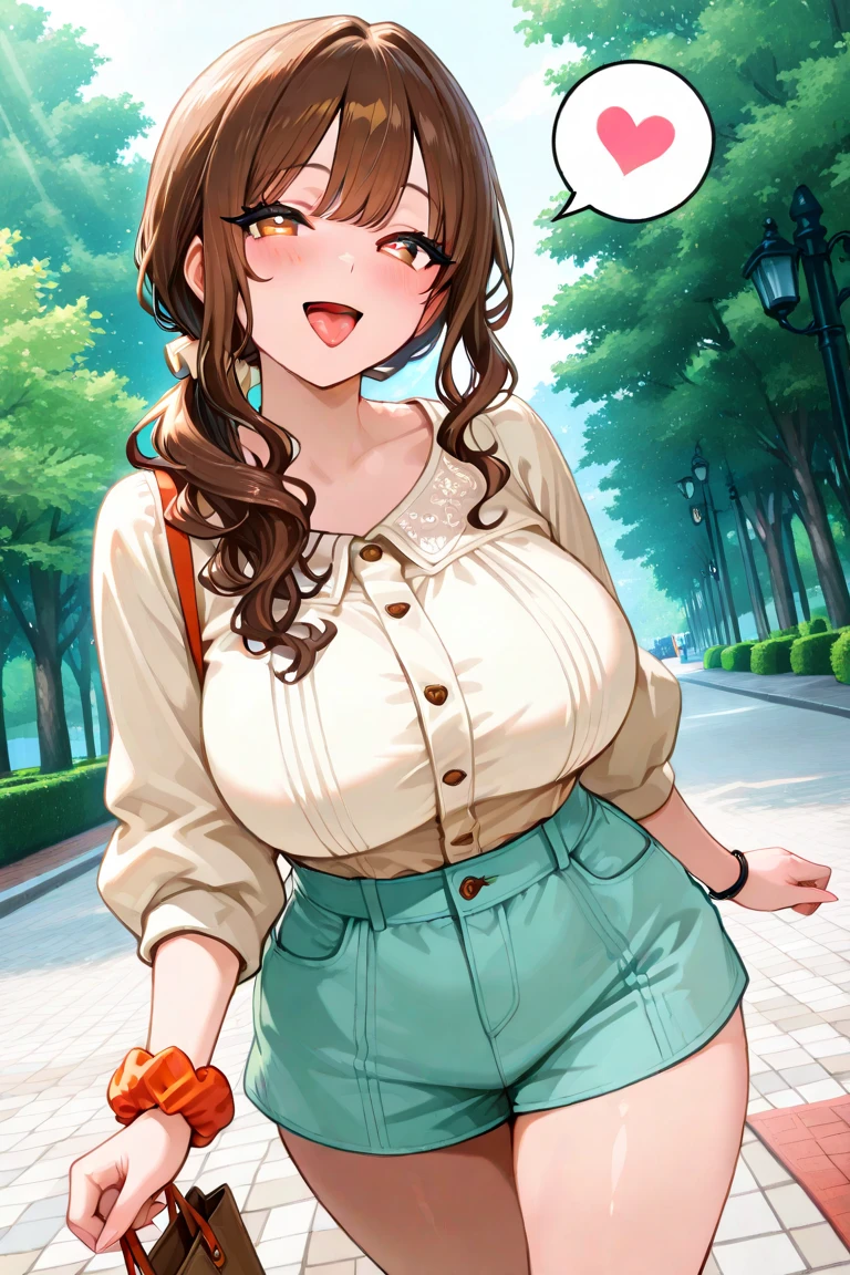 ((best quality)), ((masterpiece)), (detailed), off-shoulder sweater, Transparent body, Visible veins, Highly detailed, Upper body, one girl, young Korean woman with a Korean beautiful face, golden eyes and yellow sandy lush hair, tanned dark bronze skin, huge chest, dressed in an open coat with rolled up sleeves, a transparent unbuttoned shirt, a wide leather belt with gold yarn, leather shorts, a hiking backpack, a two-handed katana in sheathed, walking through the forest, trees with blue foliage and white flowers,